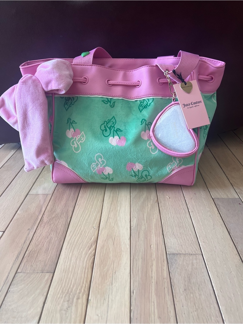 Juicy Couture Pink and Mint Cherry Logo Tote with Heart Charm